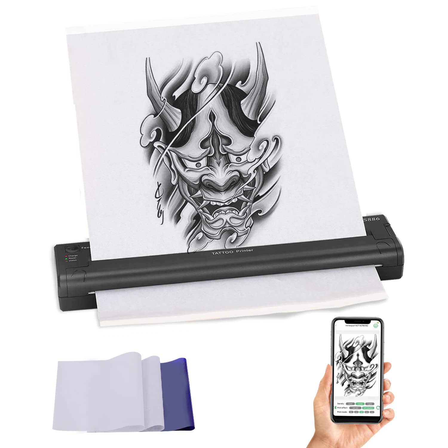 Bluerockt Black Wireless Tattoo Stencil Printer - Portable Rechargeable  Tattoo Transfer Machine Compatible with iOS Android /PC